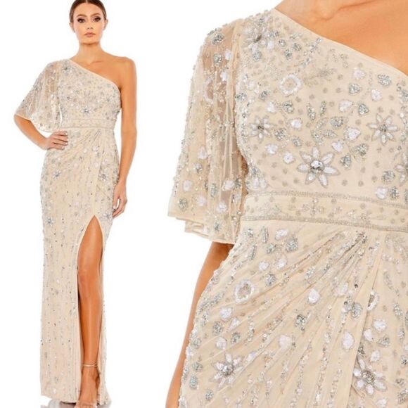 Mac Duggal Nude Embellished One Shoulder Draped Gown Sz 20 NWT - Picture 1 of 16